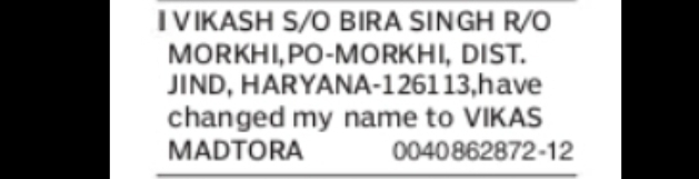 Name Change Notice – Vikash to Vikas Madtora