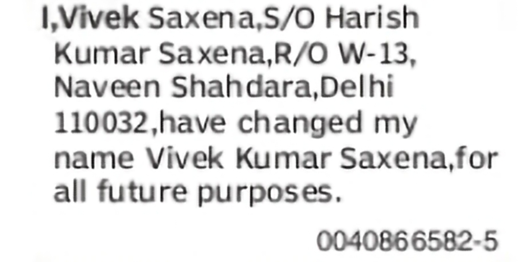 Name Change Notice – Vivek Saxena to Vivek Kumar Saxena