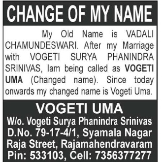 Name Change Notice – Vogeti Uma