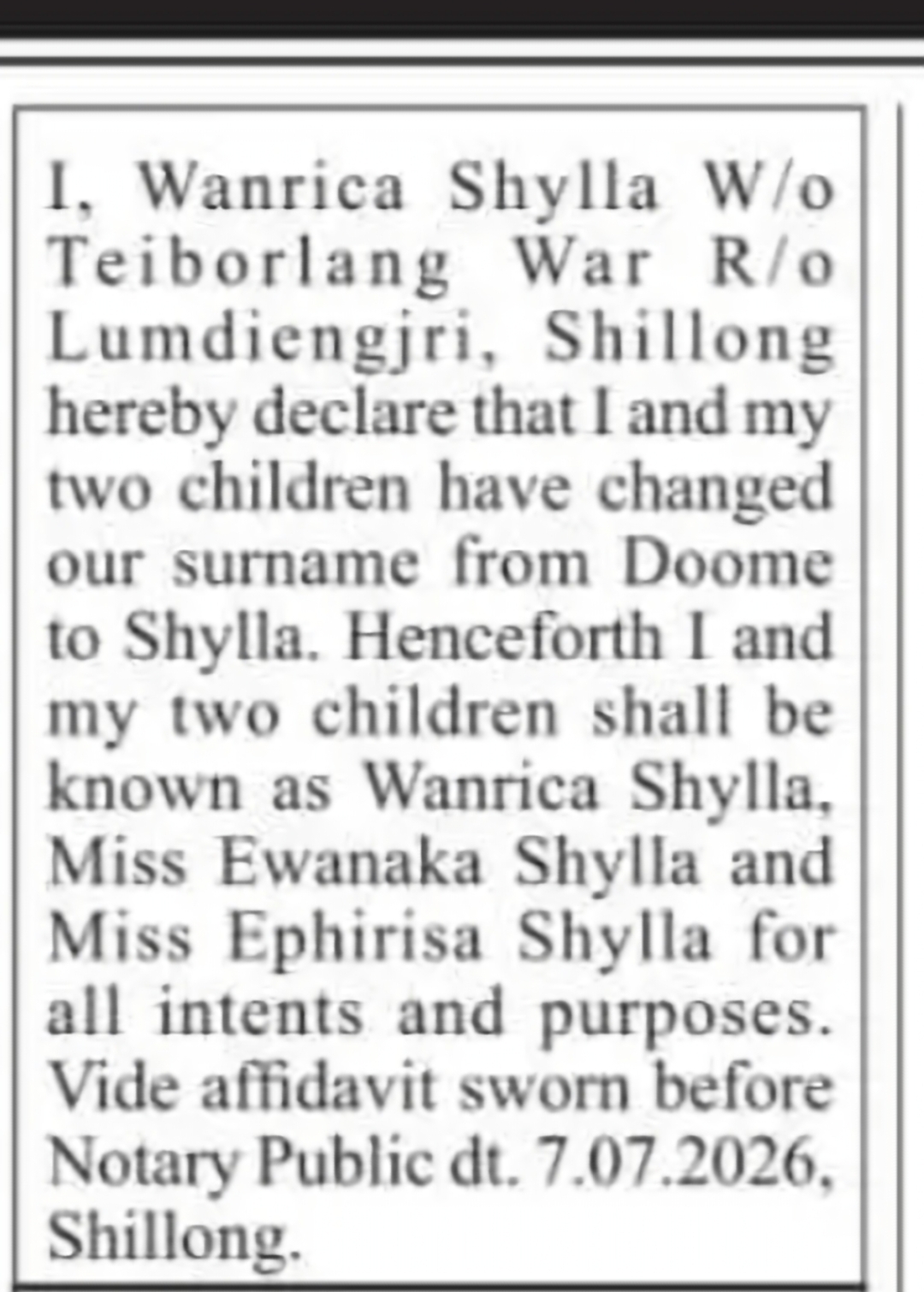 Name Change Notice – Wanrica Shylla & Children
