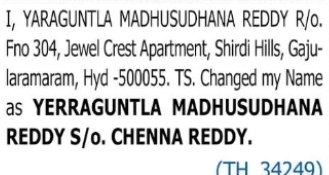 Name Change Notice – Yaraguntla Madhusudhana Reddy