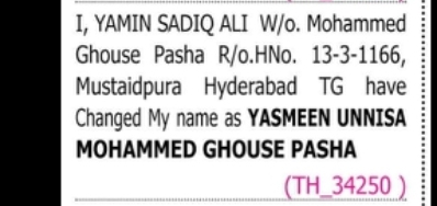 NAME CHANGE NOTICE – Yasmeen Unnisa Mohammed Ghouse Pasha
