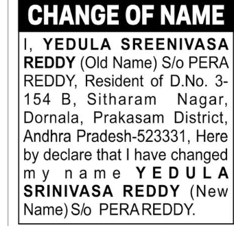 Name Change Notice – Yedula Srinivasa Reddy