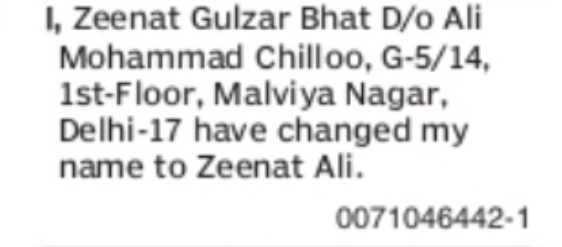 Name Change Notice – Zeenat Gulzar Bhat to Zeenat Ali