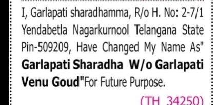 NAME CHANGE NOTICE- Garlapati Sharadha