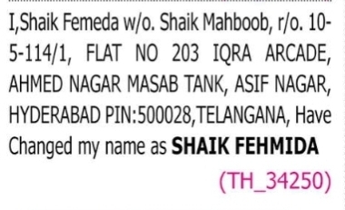 NAME CHANGE NOTICE- Shaik Fehmida