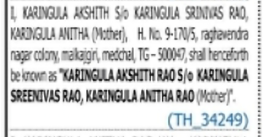 Name Change Notification – KARINGULA AKSHITH RAO