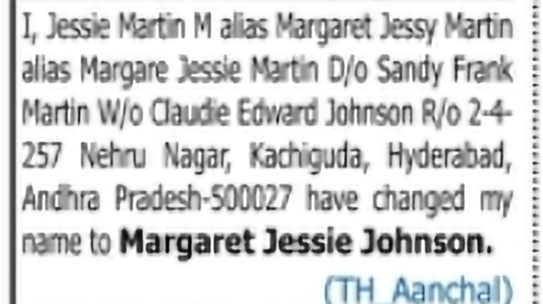 Name Change Notification – MARGARET JESSIE JOHNSON