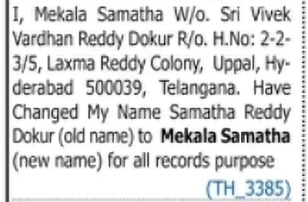 Name Change Notification – MEKALA SAMATHA
