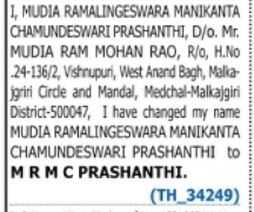 Name Change Notification – M.R.M.C. PRASHANTHI