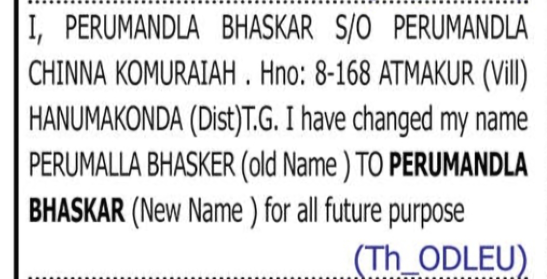 Name Change Notification – Perumandla Bhaskar