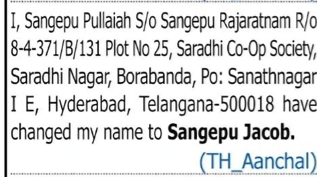 Name Change – Sangepu Pullaiah to Sangepu Jacob