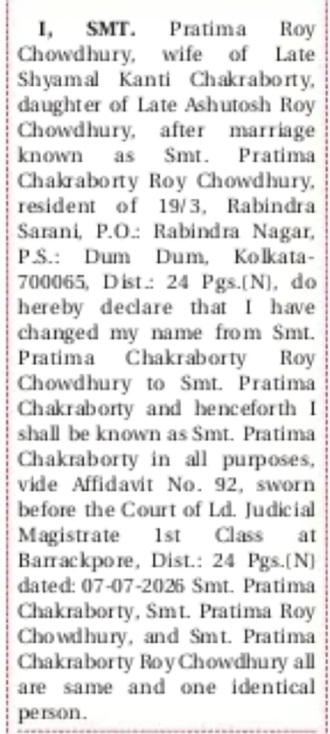 Name Change – Smt. Pratima Chakraborty