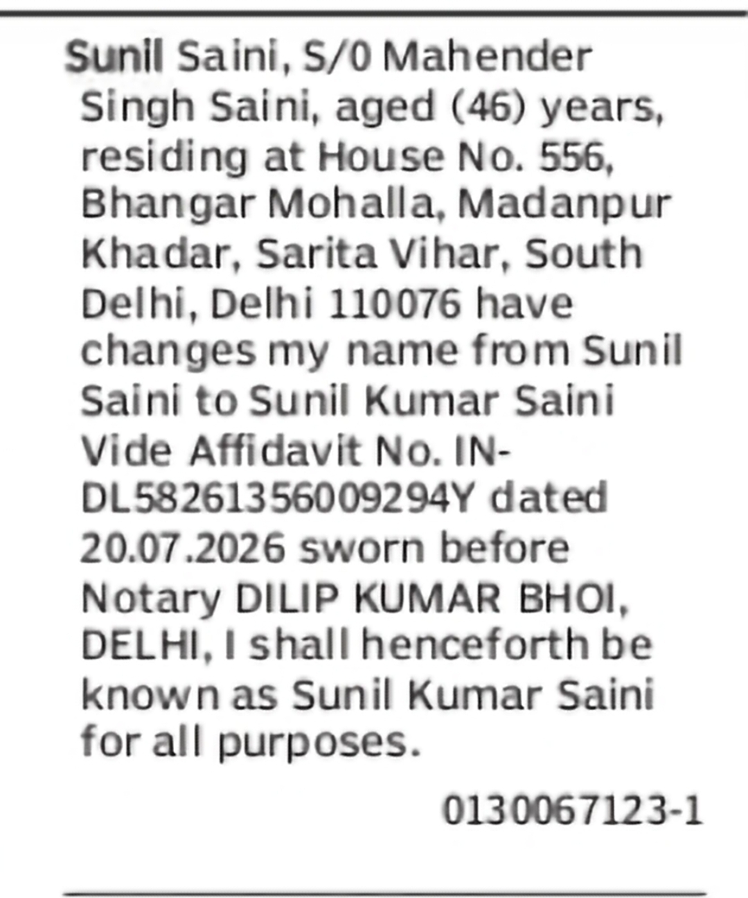 Name Change – Sunil Saini to Sunil Kumar Saini