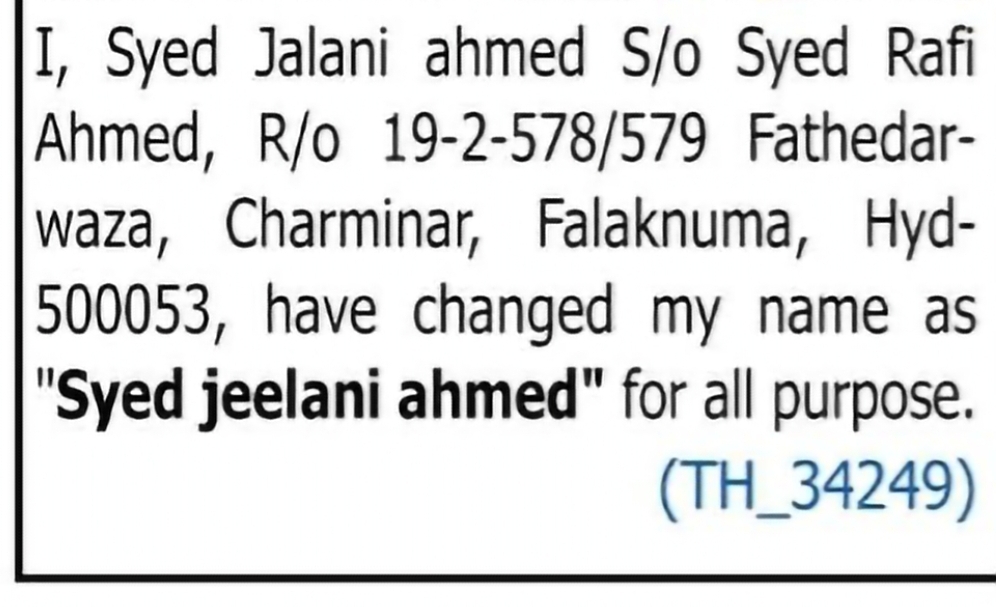 Name Change – Syed Jalani Ahmed to Syed Jeelani Ahmed