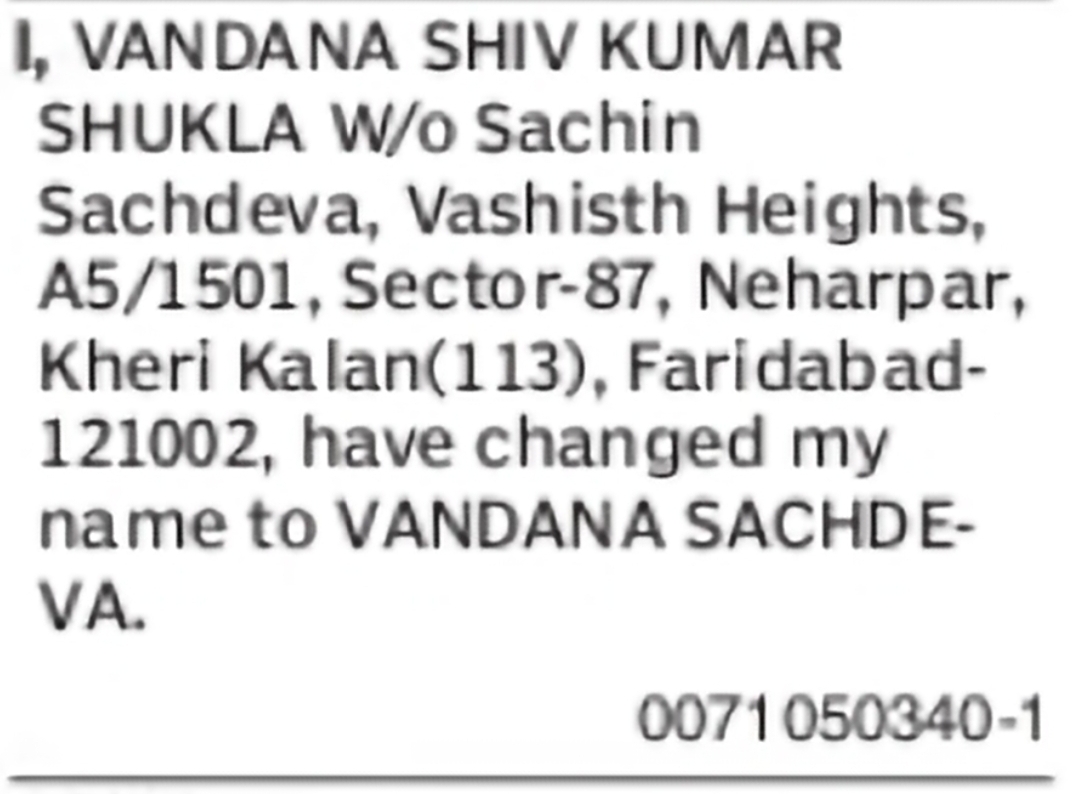 Name Change – Vandana Shiv Kumar Shukla to Vandana Sachdeva
