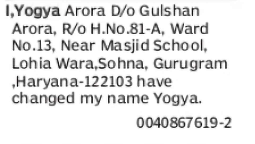 Name Change – Yogya Arora to Yogya