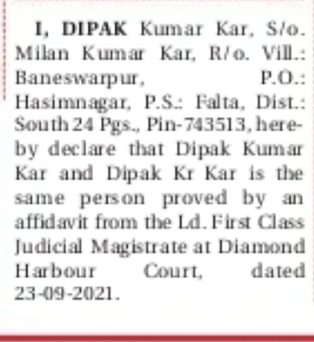 Name Clarification – Dipak Kumar Kar