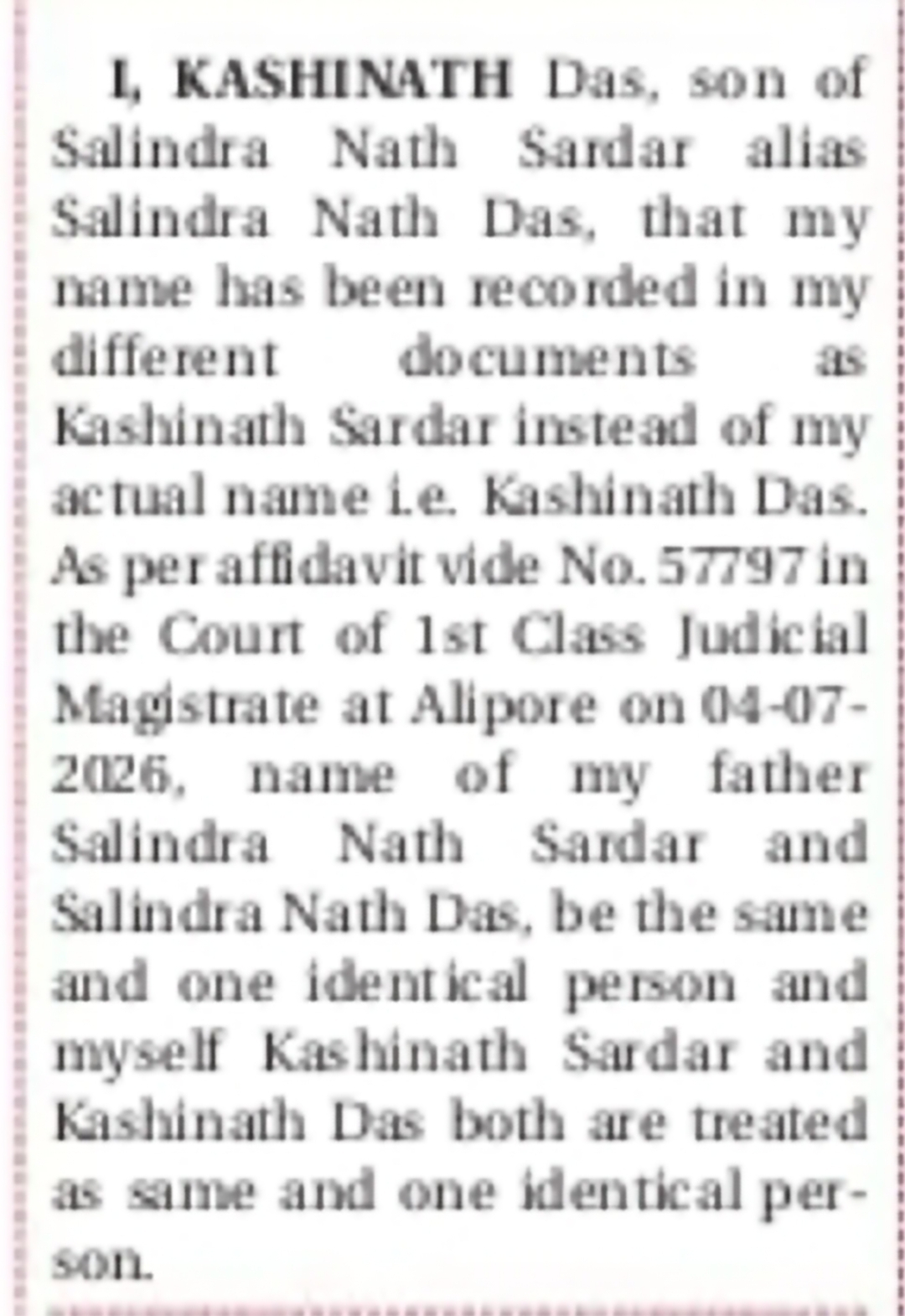 Name Clarification – Kashinath Das