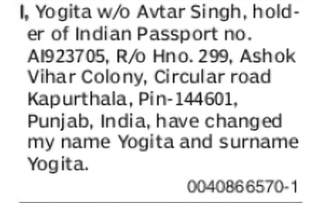 Name Clarification Notice – Yogita