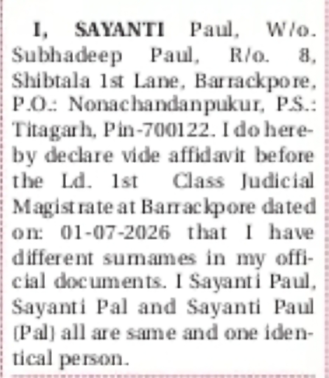 Name Clarification – Sayanti Paul