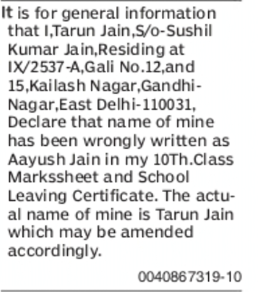 Name Correction: Aayush Jain to Tarun Jain