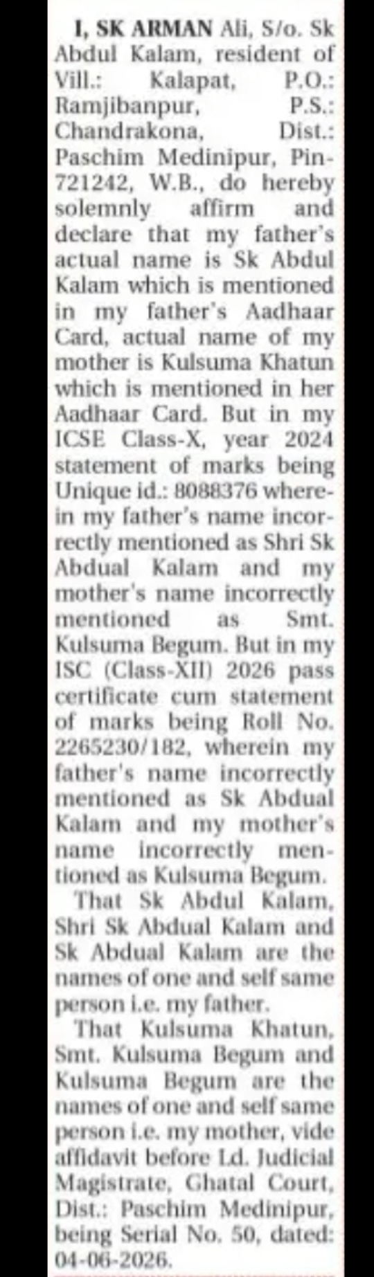 Name Correction Affidavit (Parent Name Discrepancy – ICSE & ISC Records)