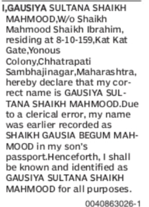 Name Correction Declaration: Gausiya Sultana Shaikh Mahmood