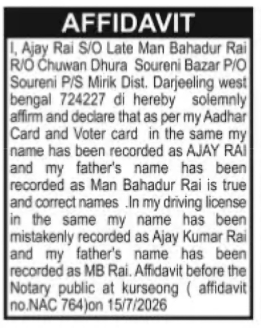 Name Correction in Driving Licence – Ajay Rai