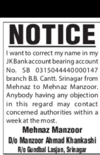 Name Correction in J&K Bank Account Mehnaz Manzoor