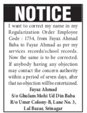 Name Correction in Regularization Order – Fayaz Ahmad