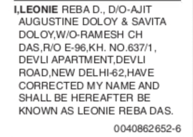 Name Correction Notice – Leonie Reba Das