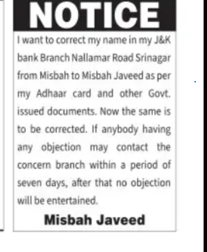 Name Correction Notice – Misbah Javeed