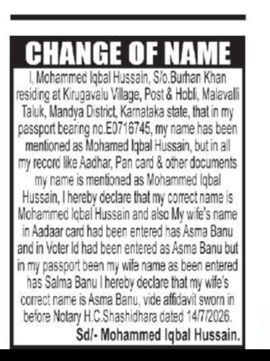 Name Correction Notice – Mohammed Iqbal Hussain & Spouse Name Correction
