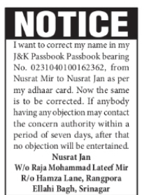 Name Correction Notice – Nusrat Mir to Nusrat Jan