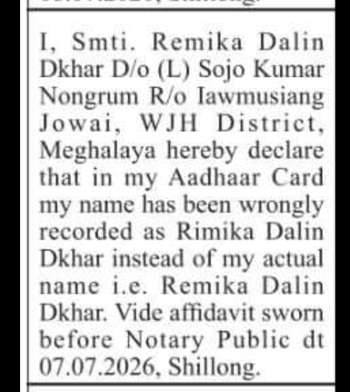 Name Correction Notice – Remika Dalin Dkhar