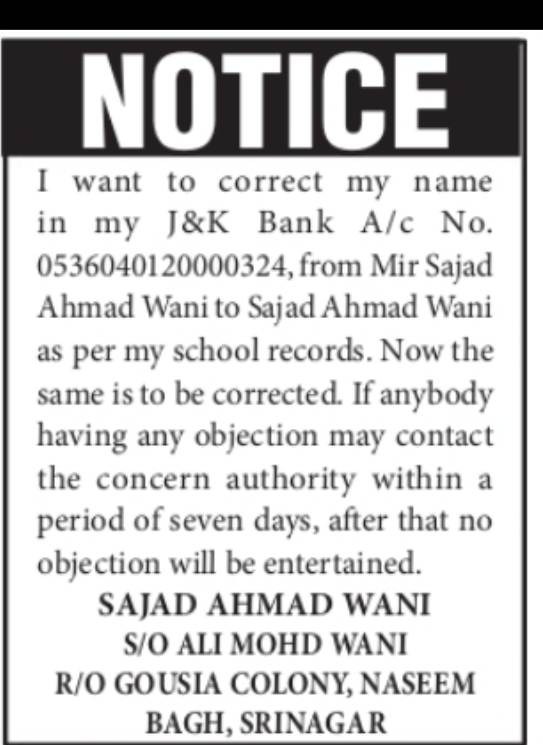 Name Correction Notice – Sajad Ahmad Wani