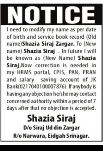 Name Correction Notice – Shazia Siraj Zargar to Shazia Siraj