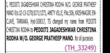 Name Correction Notice  Christina Rodha to PEDDI JAGADESHWAR CHRISTINA RODHA