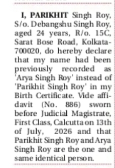 Name Correction – Parikhit Singh Roy