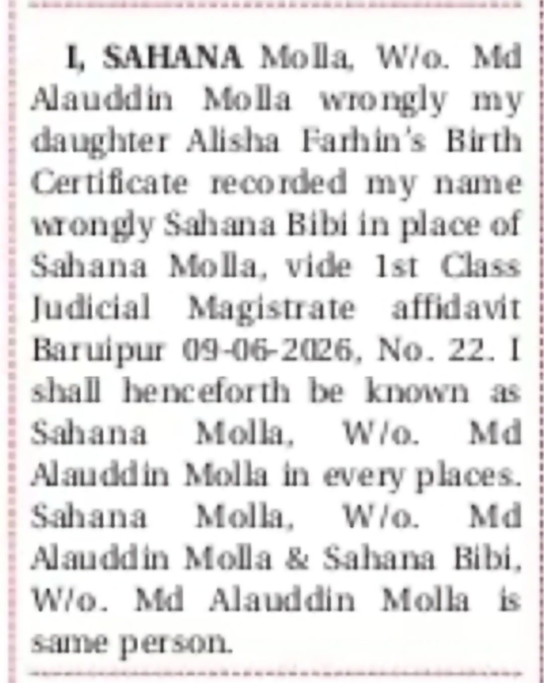 Name Correction – Sahana Molla