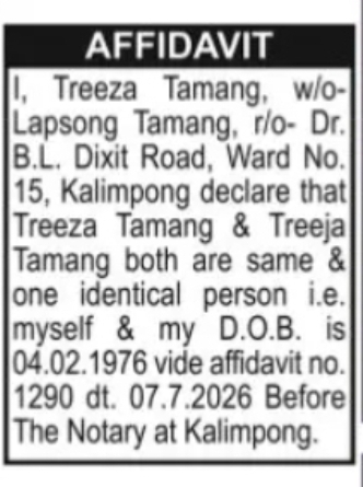 Name Correction – Treeza Tamang