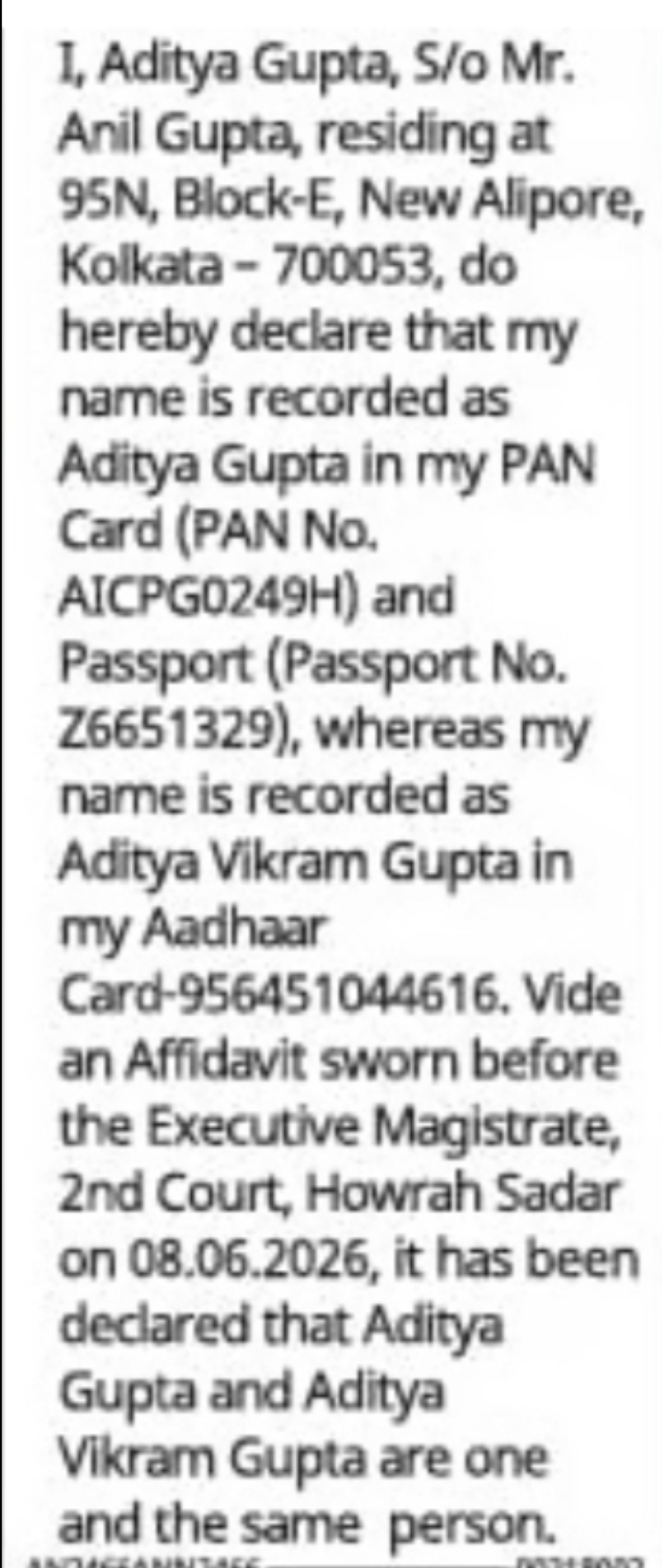 NAME IDENTITY DECLARATION