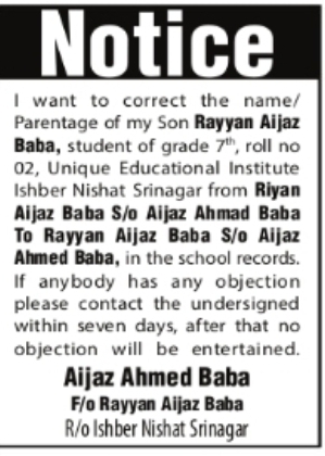 Name & Parentage Correction — Rayyan Aijaz Baba