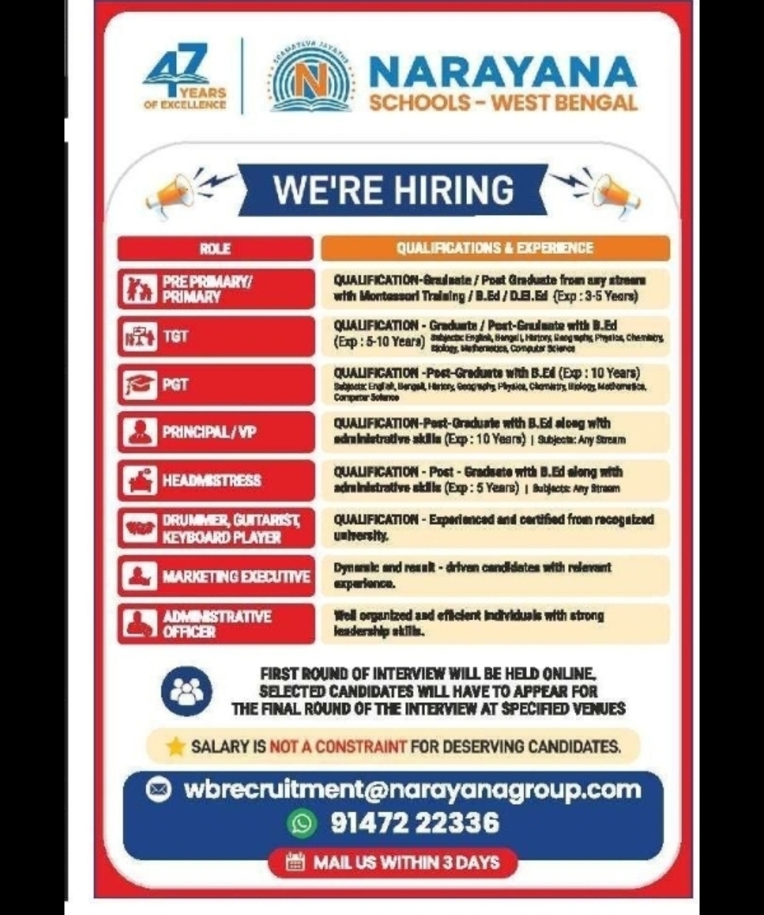 Narayana Schools West Bengal Recruitment 2026