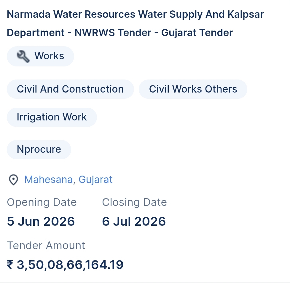 Narmada Water Resources Water Supply And Kalpsar Department - NWRWS Tender - Gujarat Tender