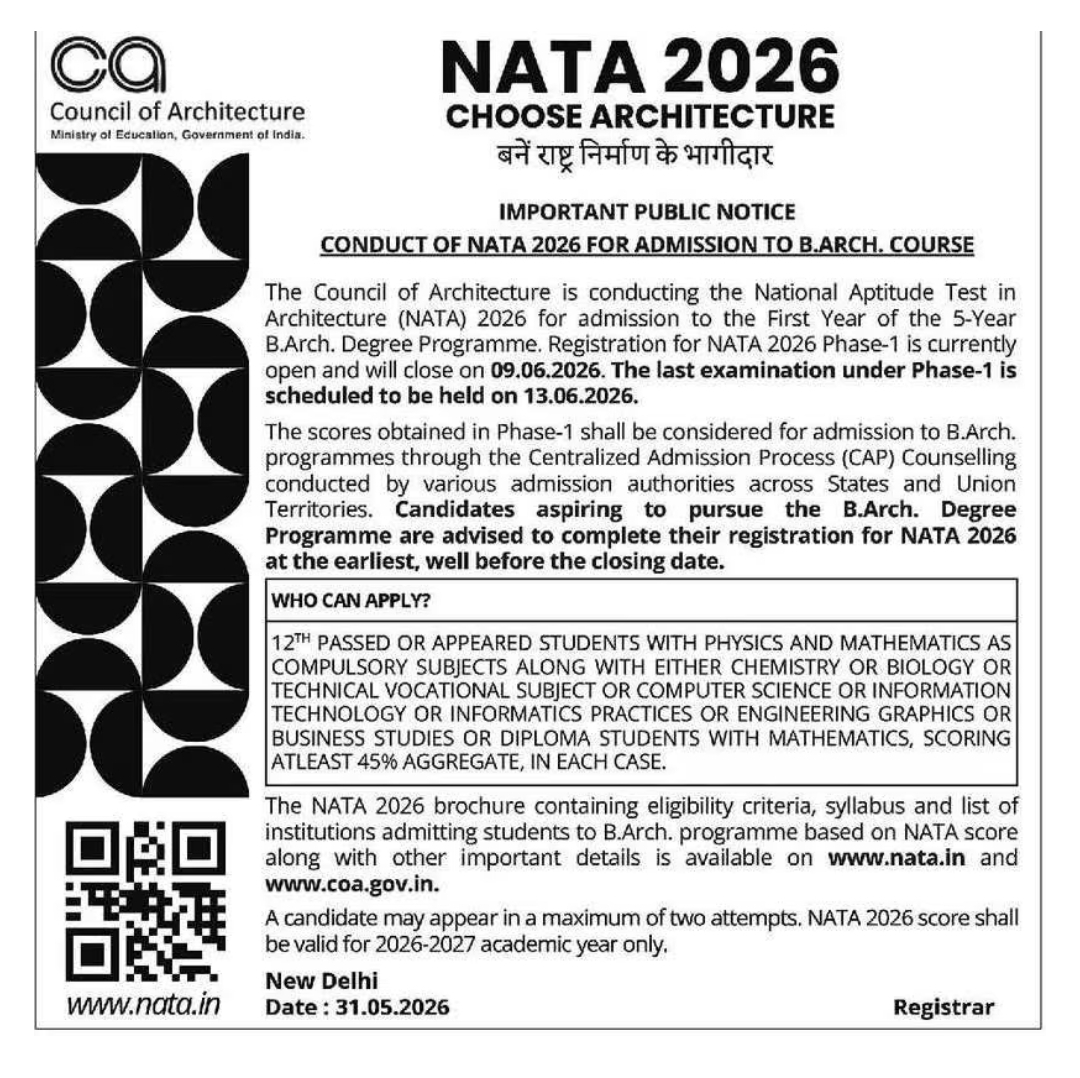 NATA 2026 Registration Open for B.Arch Admissions