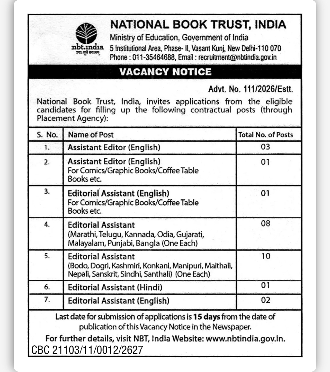 National Book Trust India Recruitment 2026 – Contractual Editorial Posts Vacancy