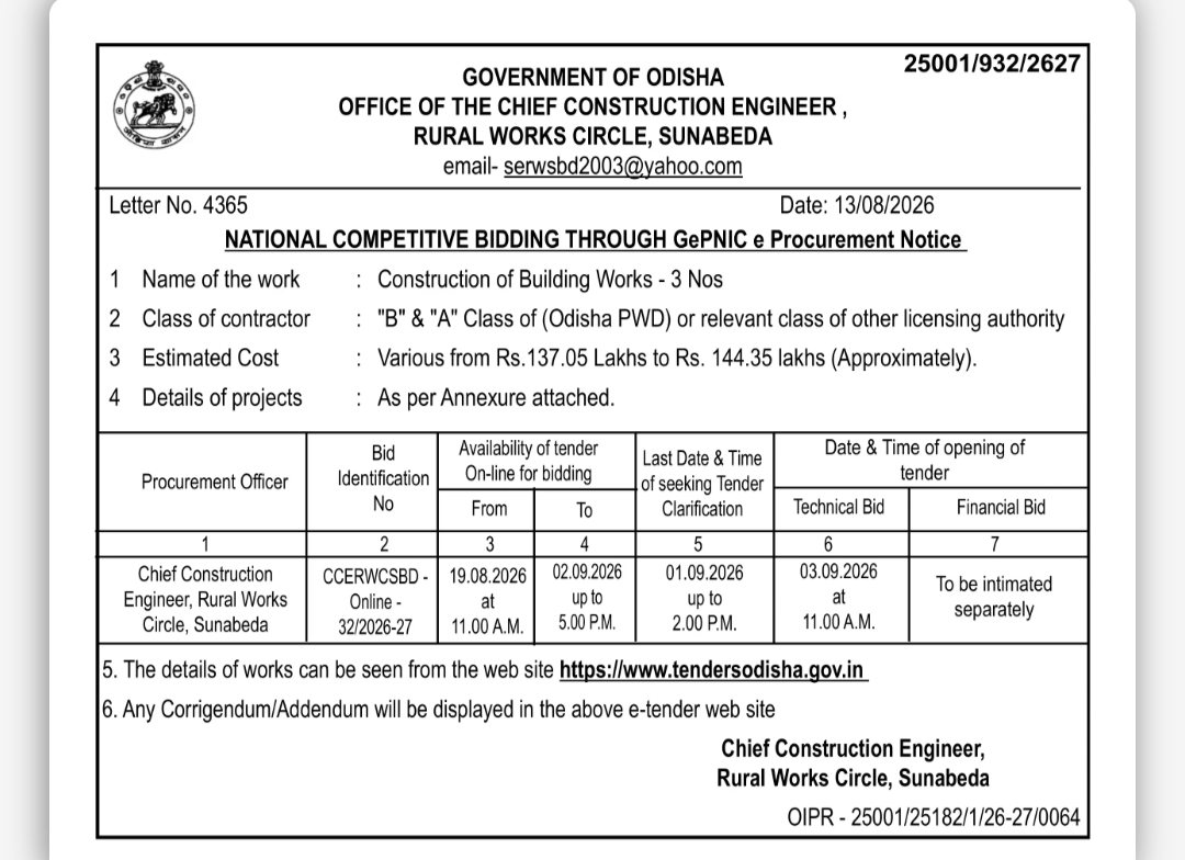 National Competitive Bidding – Construction of 3 Building Works, Sunabeda, Odisha