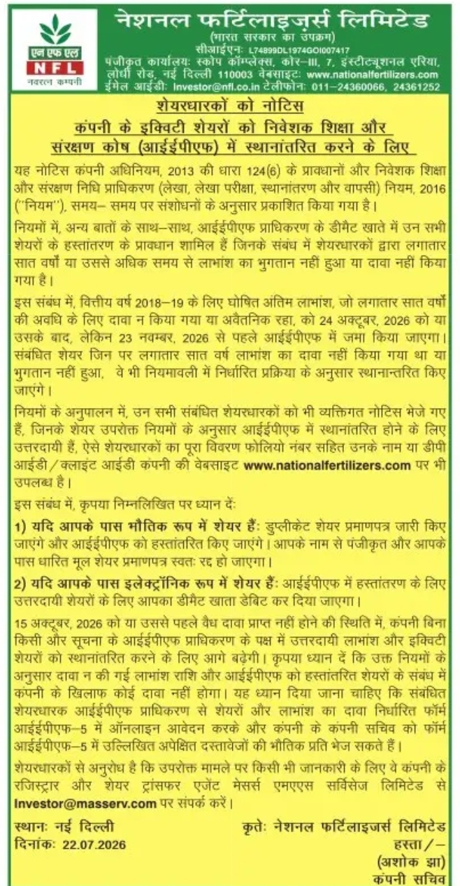 National Fertilizers Limited – Notice to Shareholders Regarding Transfer of Equity Shares to IEPF